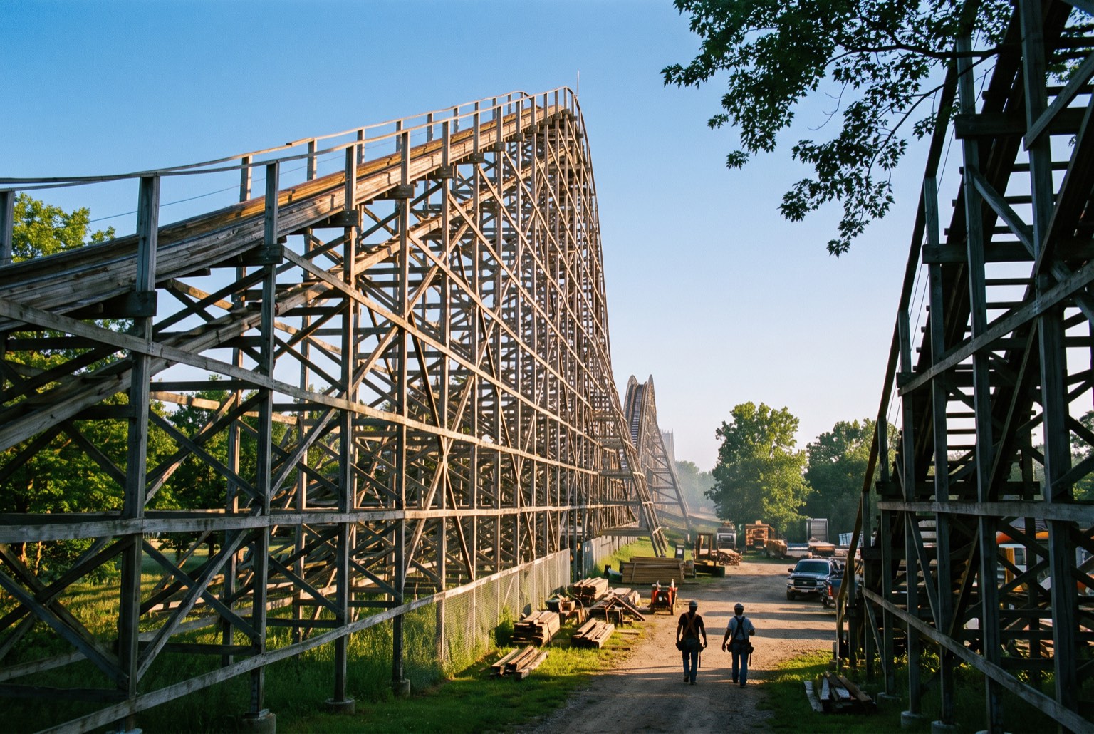 A wooden roller coaster structure photographed along its length at first light, empty, its lattice of timber bents throwing long shadows.