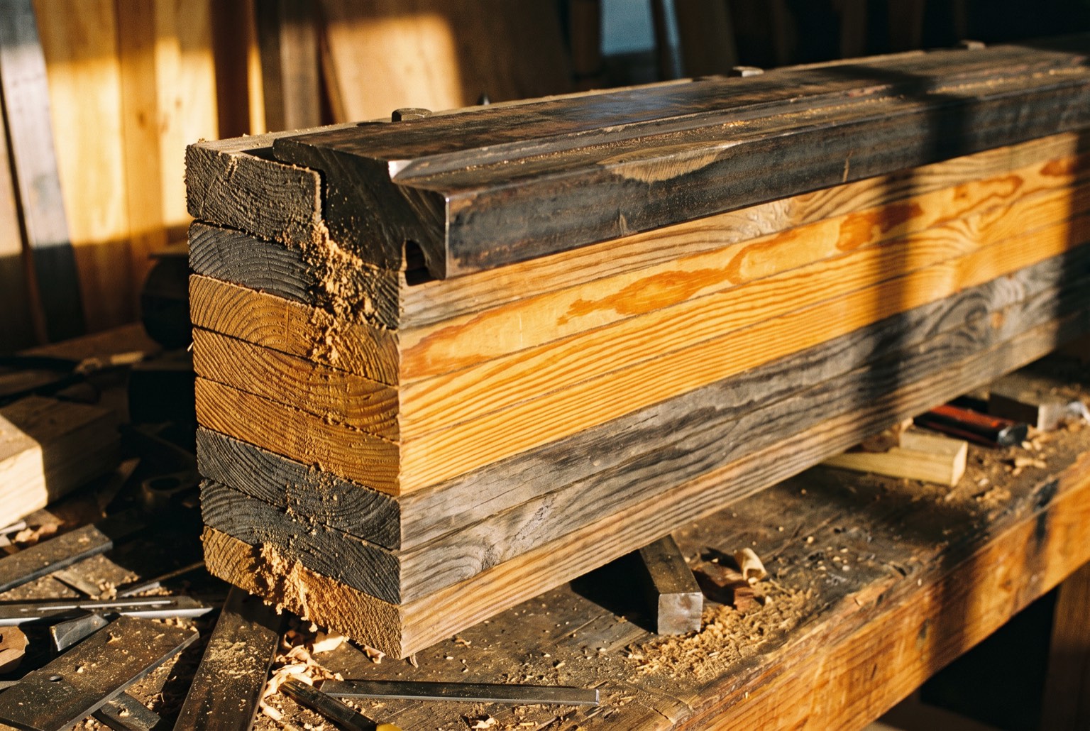 The sawn end of a section of coaster track: nine stacked layers of pine, the newest bright gold, the oldest weathered grey, with a steel running rail bolted along the top.