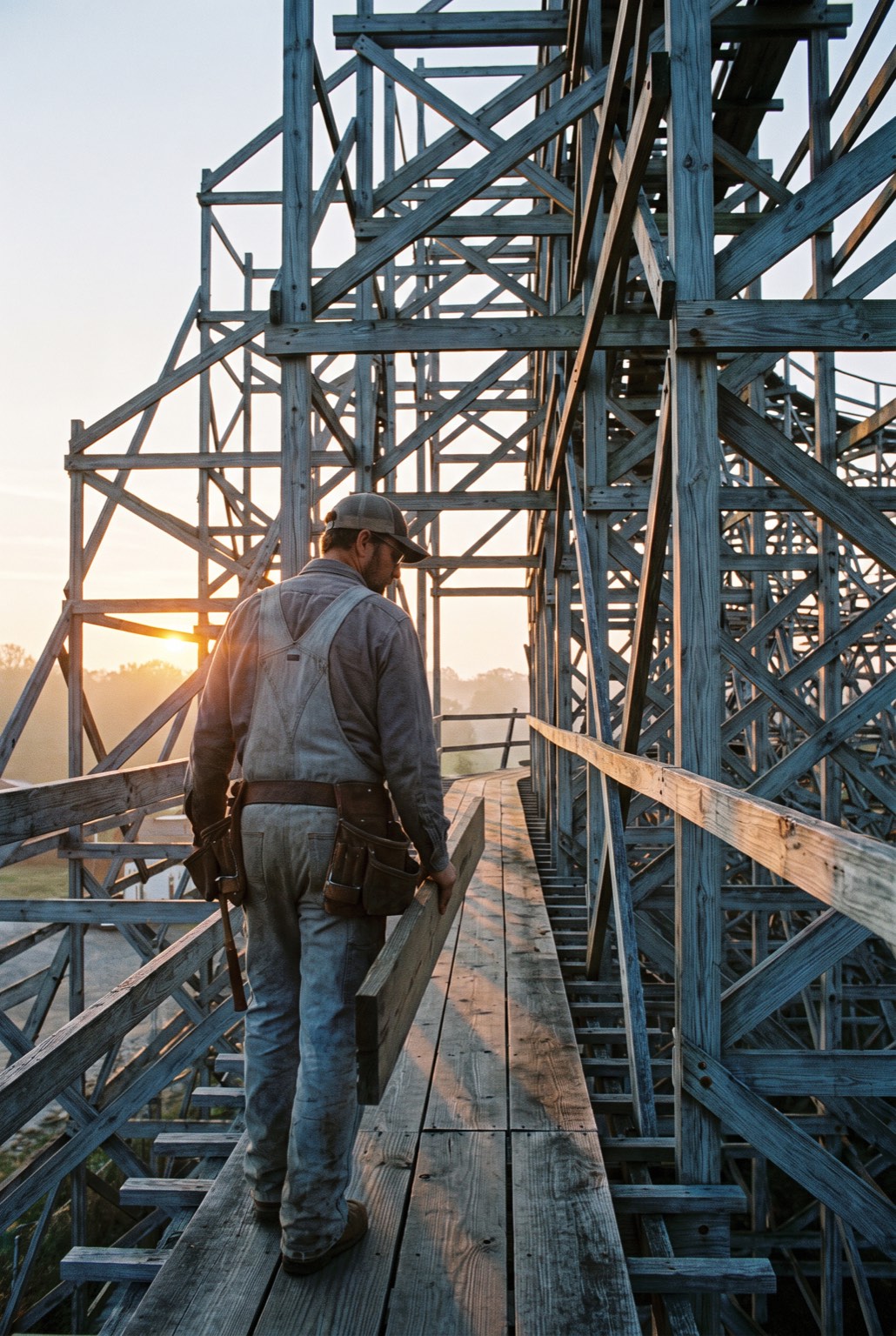 A carpenter with a tool belt walking the catwalk beside the track at sunrise, carrying a fresh gold plank, dwarfed by the weathered timber structure.